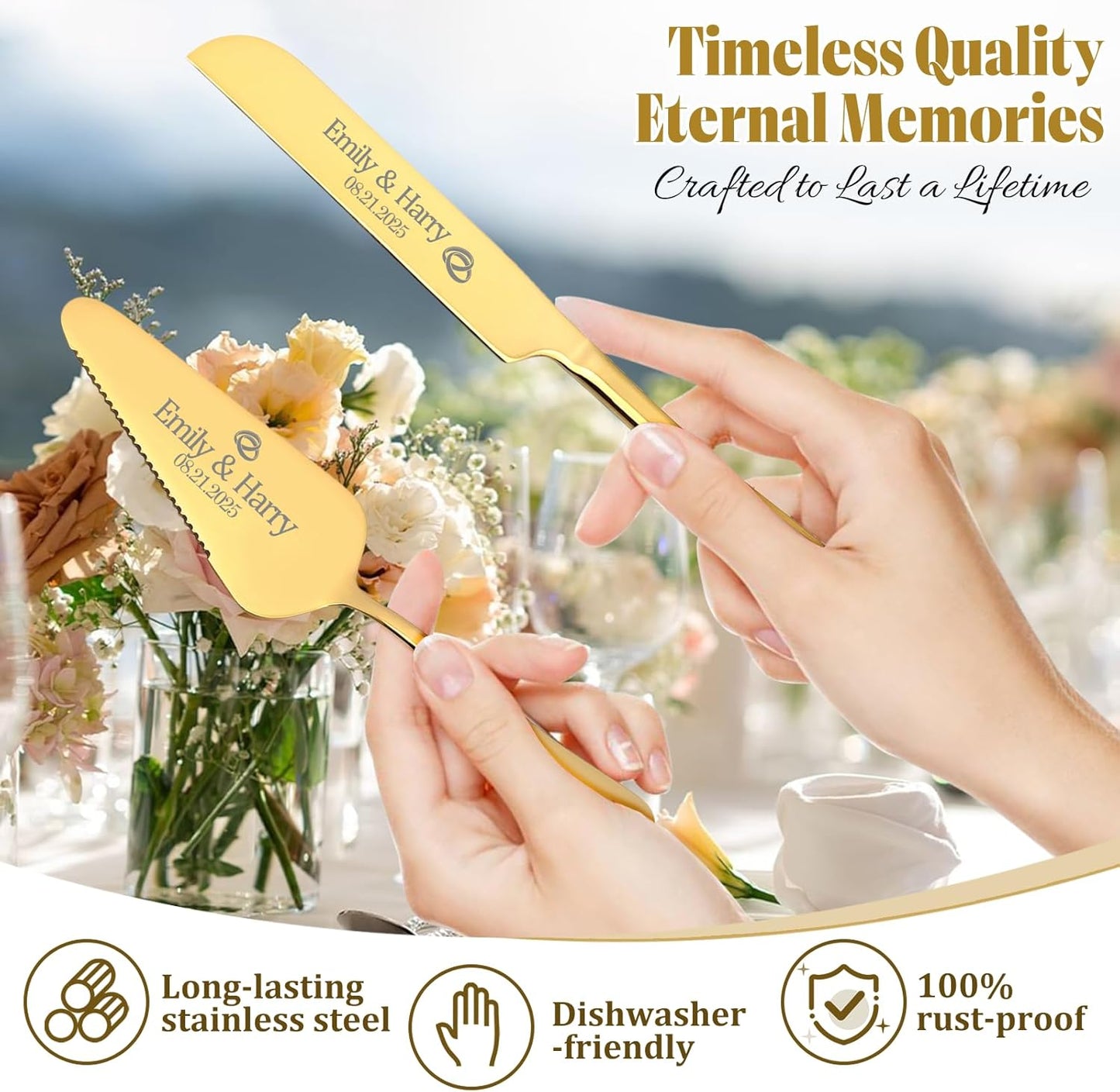 Personalized 4 Piece Cake Cutting Set for Wedding - Custom Cake Knife and Server Set with Forks, Cake Cutter Set Ideal for Wedding Anniversary Bridal Gifts (Silver)