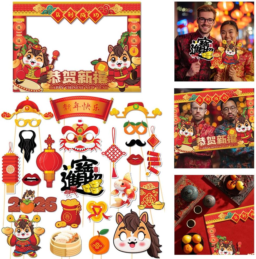 KYMY 2026 Chinese New Year Photo Booth Props Kit, 1 Selfie Frame & 24 Photo Booth Props, Zodiac Horse Year Spring Festival Festive Selfie Accessories for Asian Lunar New Year Party Favors