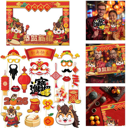 KYMY 2026 Chinese New Year Photo Booth Props Kit, 1 Selfie Frame & 24 Photo Booth Props, Zodiac Horse Year Spring Festival Festive Selfie Accessories for Asian Lunar New Year Party Favors