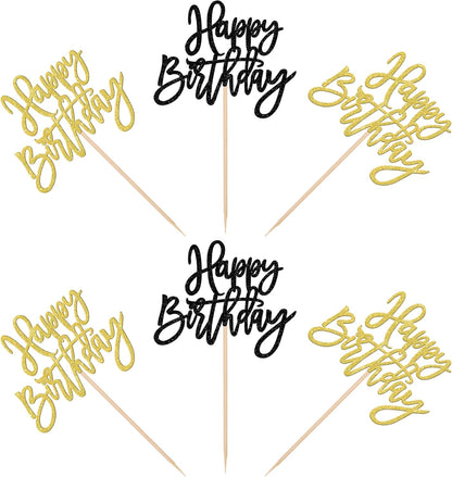 24 PCS Happy Birthday Cupcake Toppers Glitter Picks for Celebrating Anniversary Theme Party Cake Decorations Supplies Gold