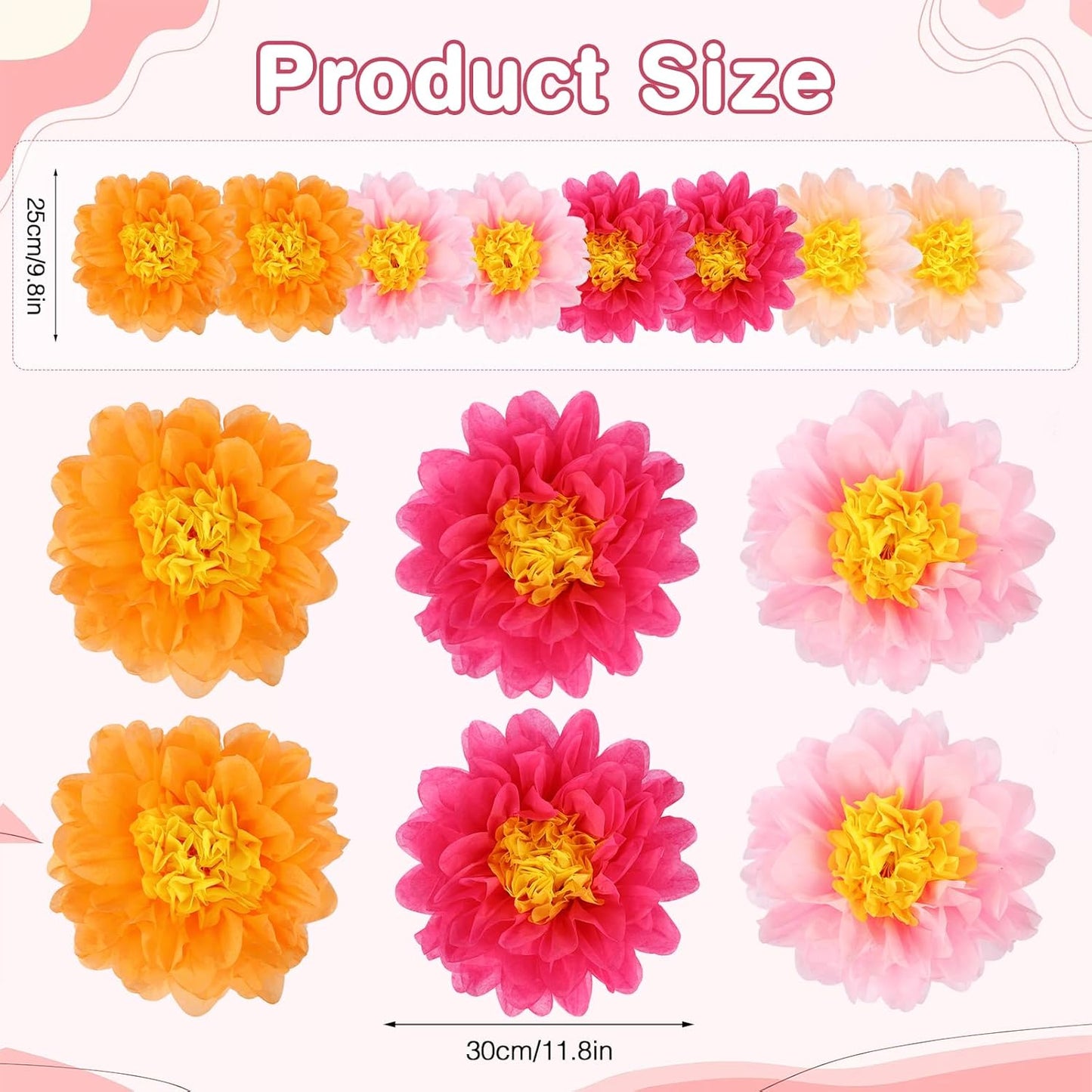BestoFun 14 PCS Orange & Hot Pink Tissue Paper Flowers – Vibrant Party Decorations for Birthday, Baby Shower, Wedding, Fiesta, and Holiday Events