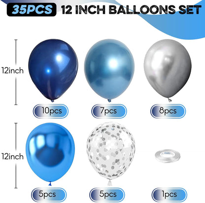 Blue Silver Balloons Set, 12 Inch Blue and Silver Balloons Dark Navy and Confetti Party Latex Balloon, Macaron Metallic Baby Blue Mixed Balloon for Birthday Graduation Baby Shower Wedding Retirement