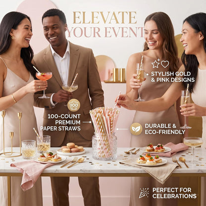 ALINK Biodegradable Paper Straws, 100 Pink and Gold Straws for Party Supplies, Birthday, Wedding, Bridal/Baby Shower, Christmas Decorations and Holiday Celebrations