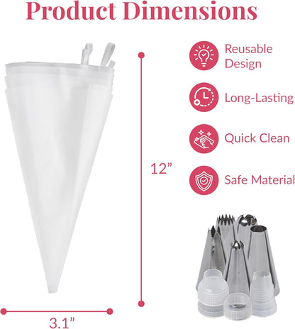 Set of 200 - Anti Burst Piping Bags 12 Inch - Prestee Tipless Icing Bags - Durable Frosting Piping Bag Tools - Pastry and Cookie Decorating Supplies