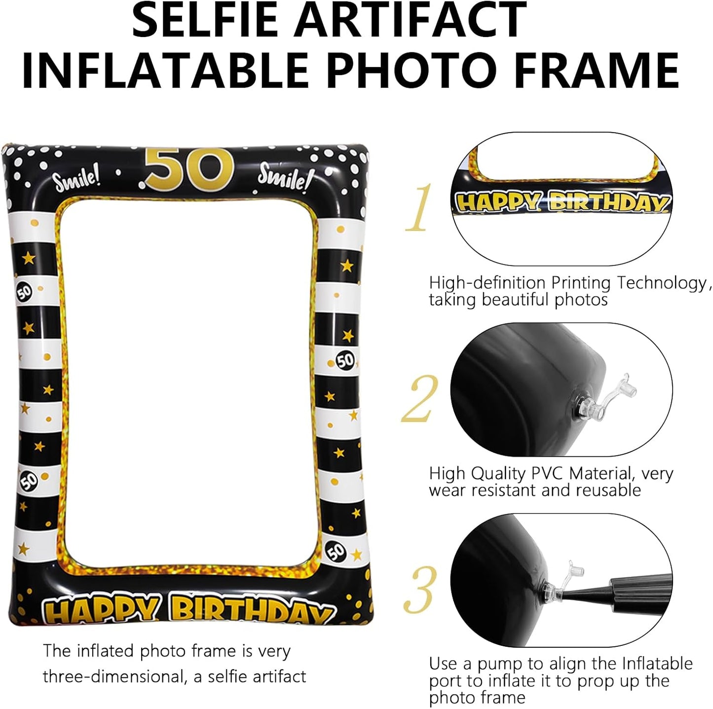 40th Birthday Photo Booth Props, LMSHOWOWO Inflatable Photo Booth Frame, Giant Black Gold Inflatable Selfie Frame, Birthday Party Photo Props, for Women Men Birthday Party Decorations, Random Style