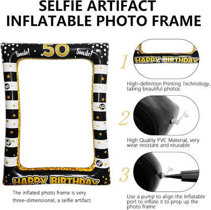 40th Birthday Photo Booth Props, LMSHOWOWO Inflatable Photo Booth Frame, Giant Black Gold Inflatable Selfie Frame, Birthday Party Photo Props, for Women Men Birthday Party Decorations, Random Style