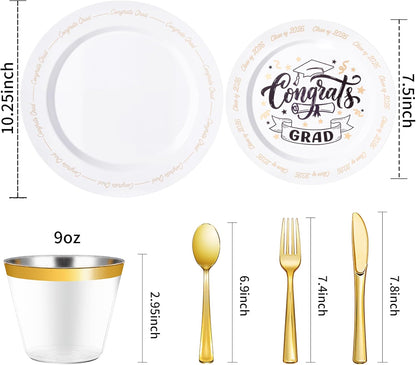Goodluck 350 Piece Silver Plastic Dinnerware Set for 50 Guests, Fancy Disposable Plates for Party, Include: 50 Dinner Plates, 50 Dessert Plates, 50 Pre Rolled Napkins with Silver Silverware, 50 Cups