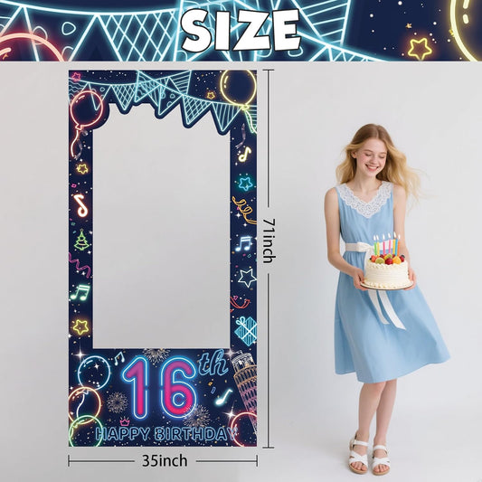 Blue 18th Birthday Neon Photography Banner Backdrop Glow Party Disco Dance Neon Theme Birthday Banner Photo Frame Props Props Selfie Background Face Cutout Photo Props Decoration