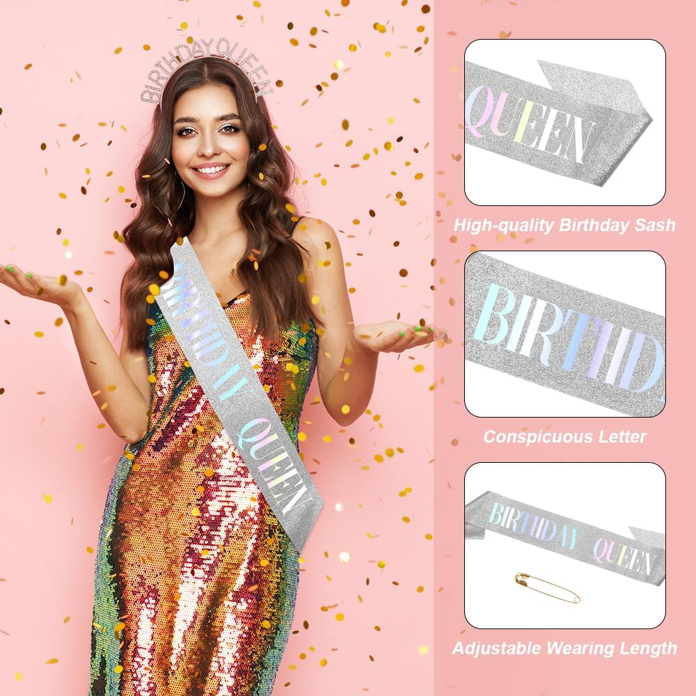 Birthday Sash & Crown for Women - Tiara Headband, Girls' Decorations Accessories