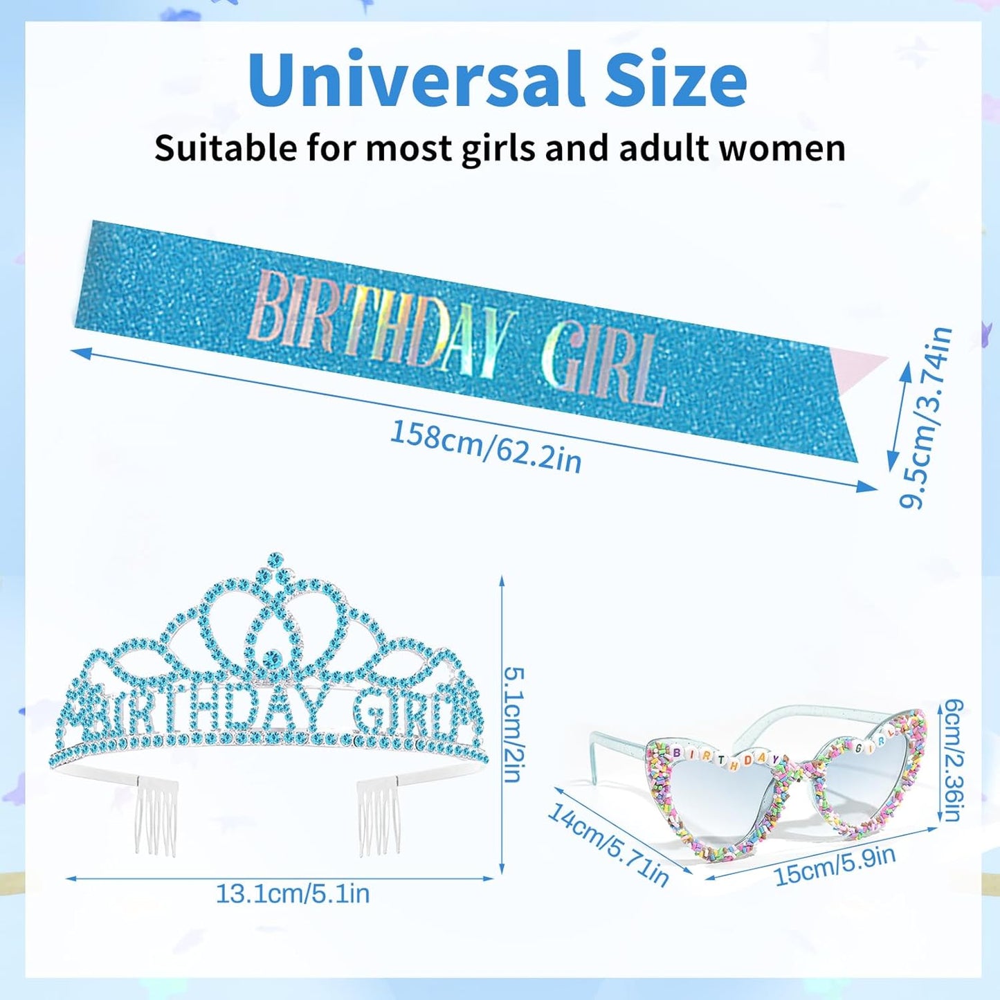 3Pcs Birthday Girl Sash Headband Set-Birthday Sash Tiara and Crown Sunglasses for Girls Women
