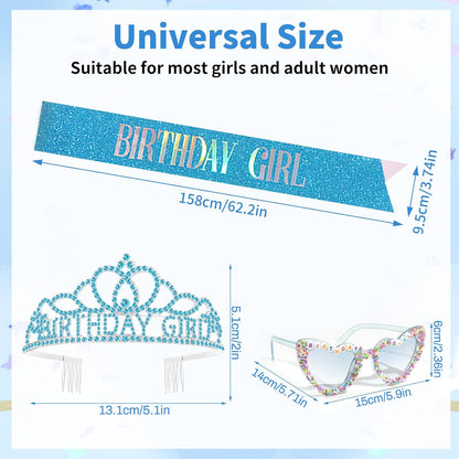 3Pcs Birthday Girl Sash Headband Set-Birthday Sash Tiara and Crown Sunglasses for Girls Women