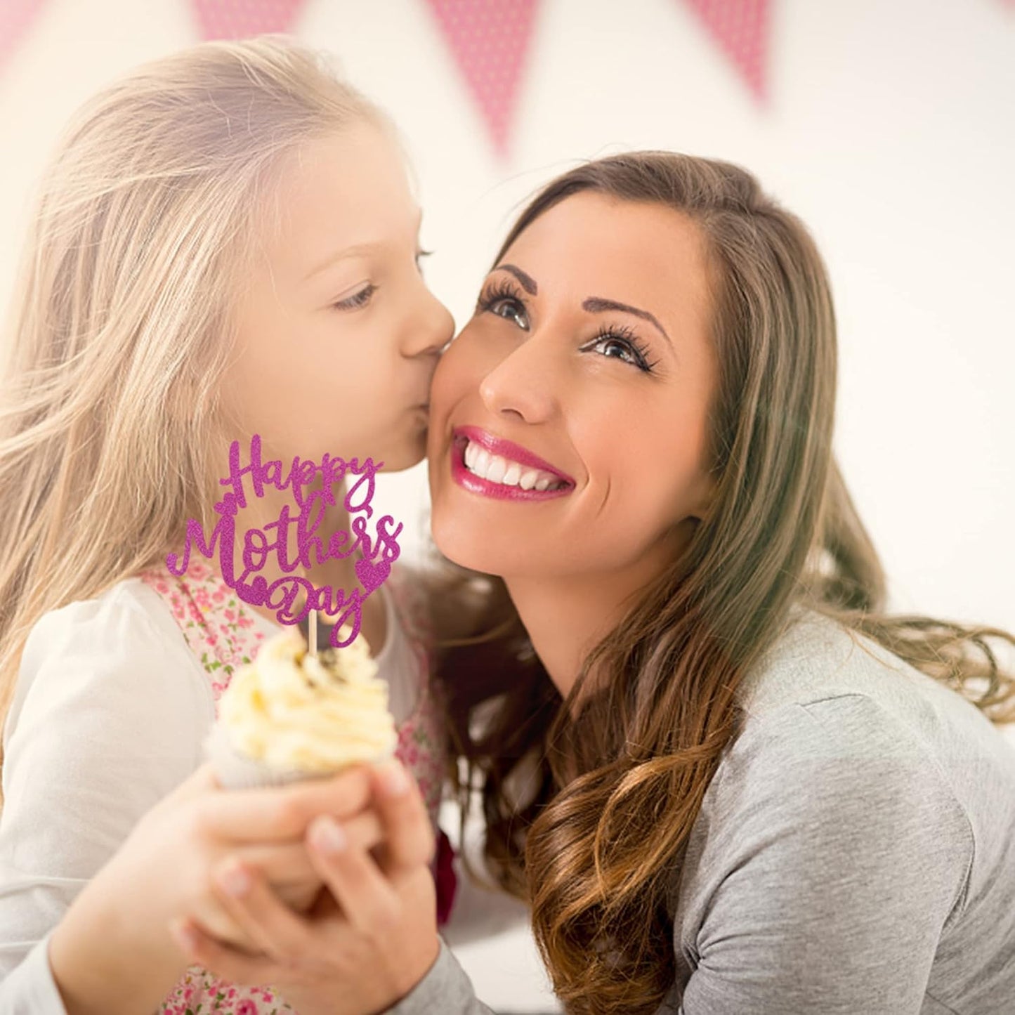 24 PCS Happy Mother's Day Cupcake Toppers with Glitter Heart Love Mother Best Mom Cupcake Picks for Happy Mother's Day Theme Women Birthday Party Cake Decorations Supplies Rose Gold