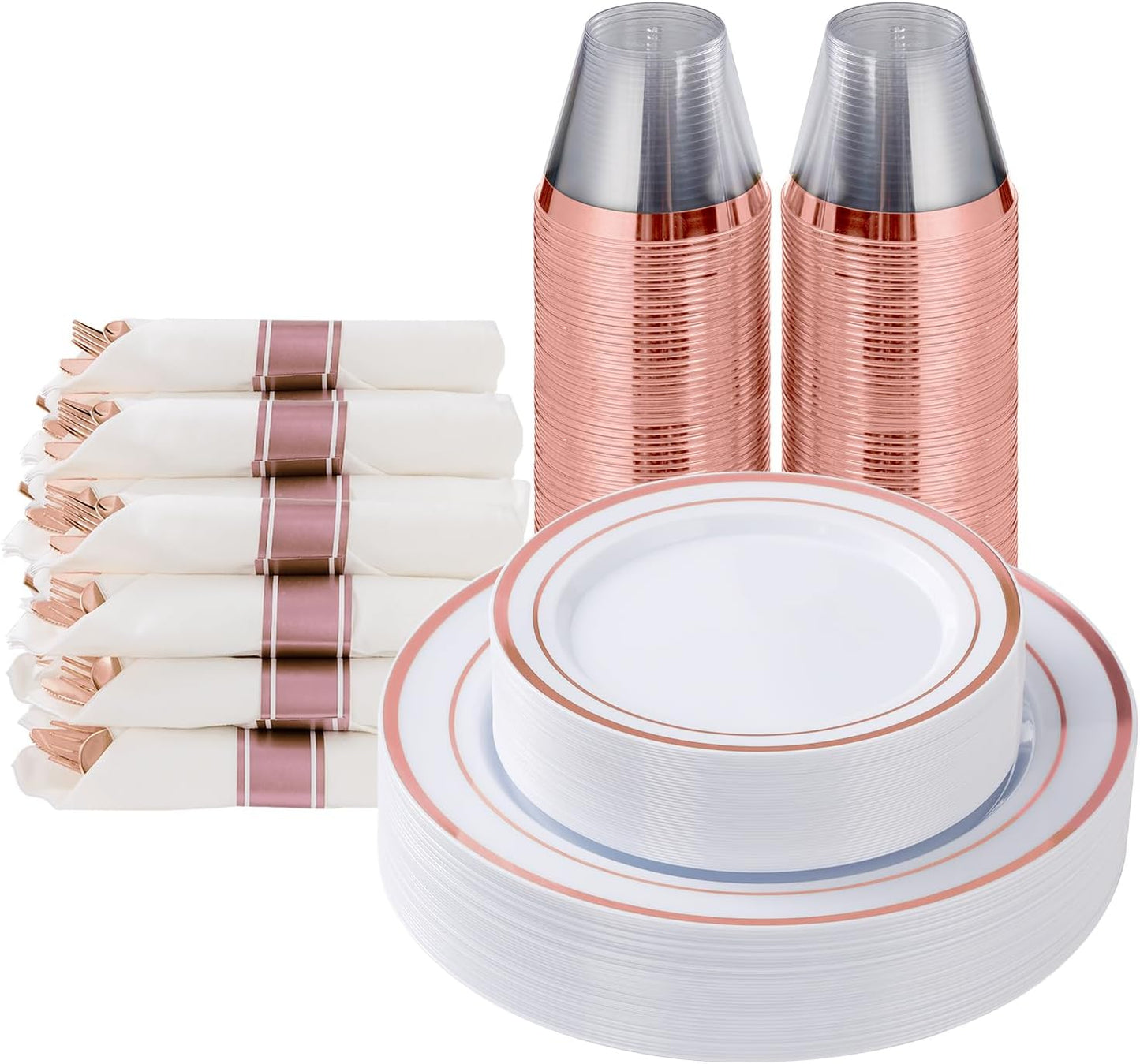 Goodluck 350 Piece Silver Plastic Dinnerware Set for 50 Guests, Fancy Disposable Plates for Party, Include: 50 Dinner Plates, 50 Dessert Plates, 50 Pre Rolled Napkins with Silver Silverware, 50 Cups