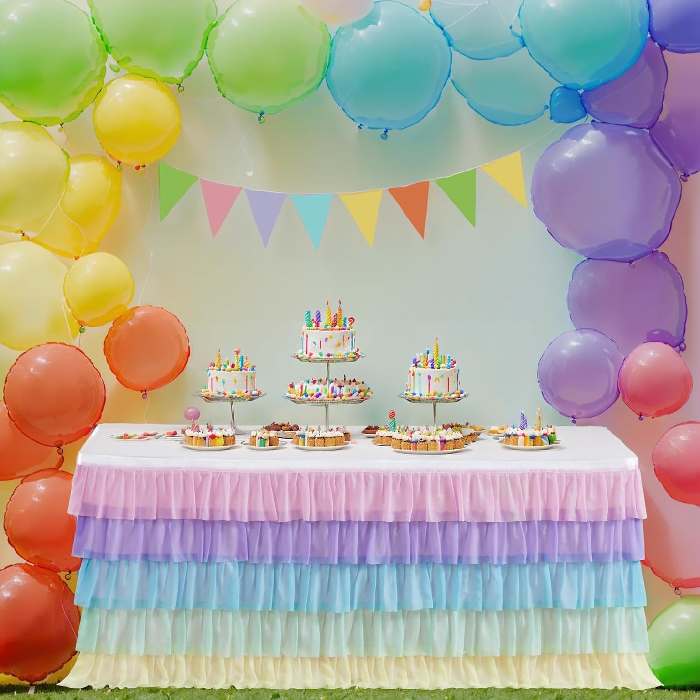 Pastel Rainbow Table Skirt Ruffle Party Tablecloth for Rectangle Table 6ft Birthday Party Baby Shower