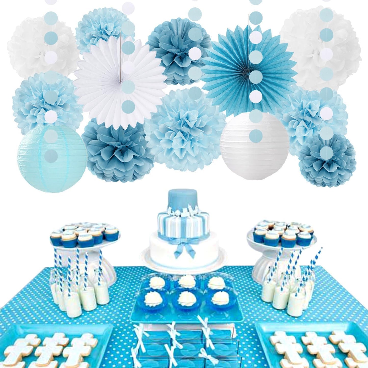 2026 Blue Class-Congratulations Prom Graduation Party-Decorations - 22pcs High School College Grad Supplies Decor,Royal Navy White Silver Tissue Pom Poms Streamers, Paper Flowers Lanterns Hugmoon