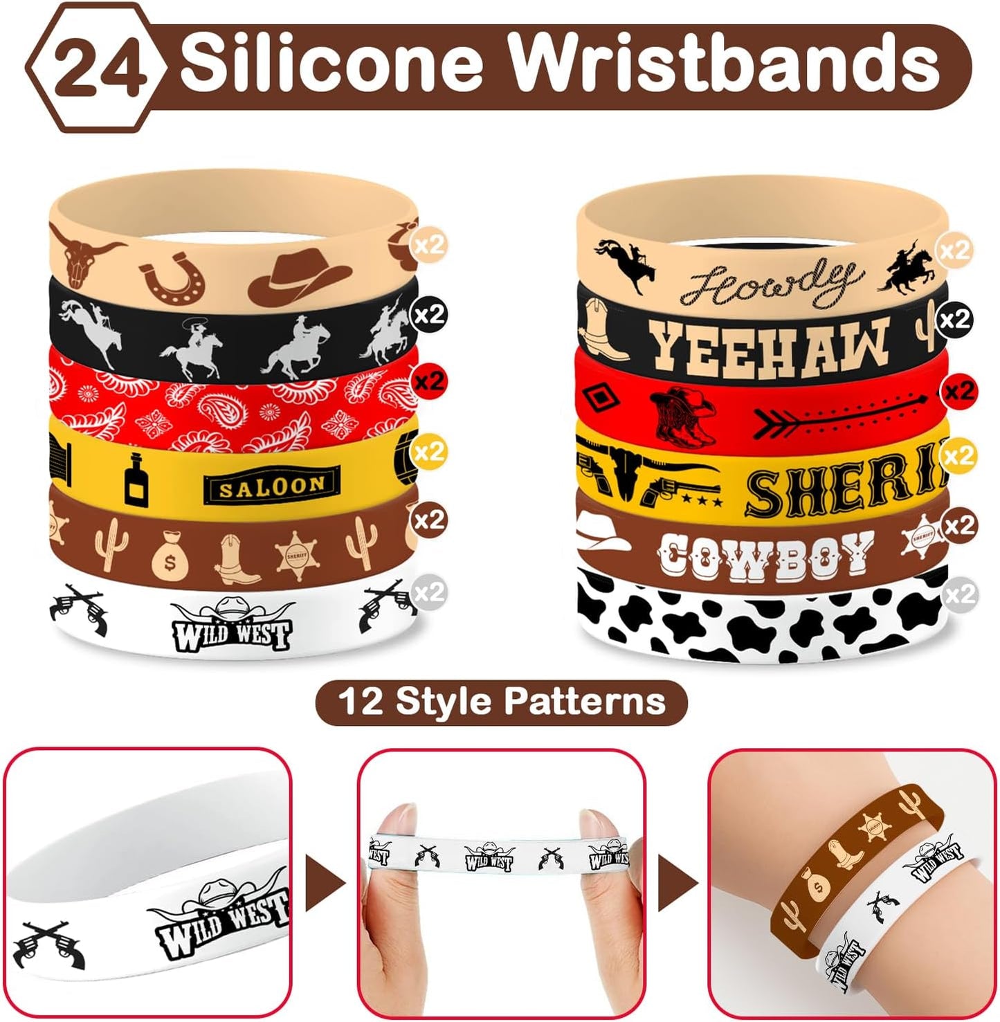48PCS Cowboy Themed Party Set | 24PCS Slap Bracelets & 24PCS Rubber Bracelets Western Saloon Silicone Wristbands Birthday Party Supplies Decorations Gifts Carnival Prizes