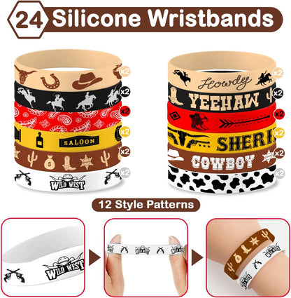 48PCS Cowboy Themed Party Set | 24PCS Slap Bracelets & 24PCS Rubber Bracelets Western Saloon Silicone Wristbands Birthday Party Supplies Decorations Gifts Carnival Prizes