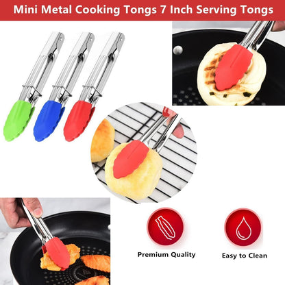 Mini Kitchen Tongs with Silicone Tips, 3-Piece Set, 7-Inch Non-Stick Tongs with Stainless Steel Silicon Handles, Heat Resistant for Cooking & Serving (Red)