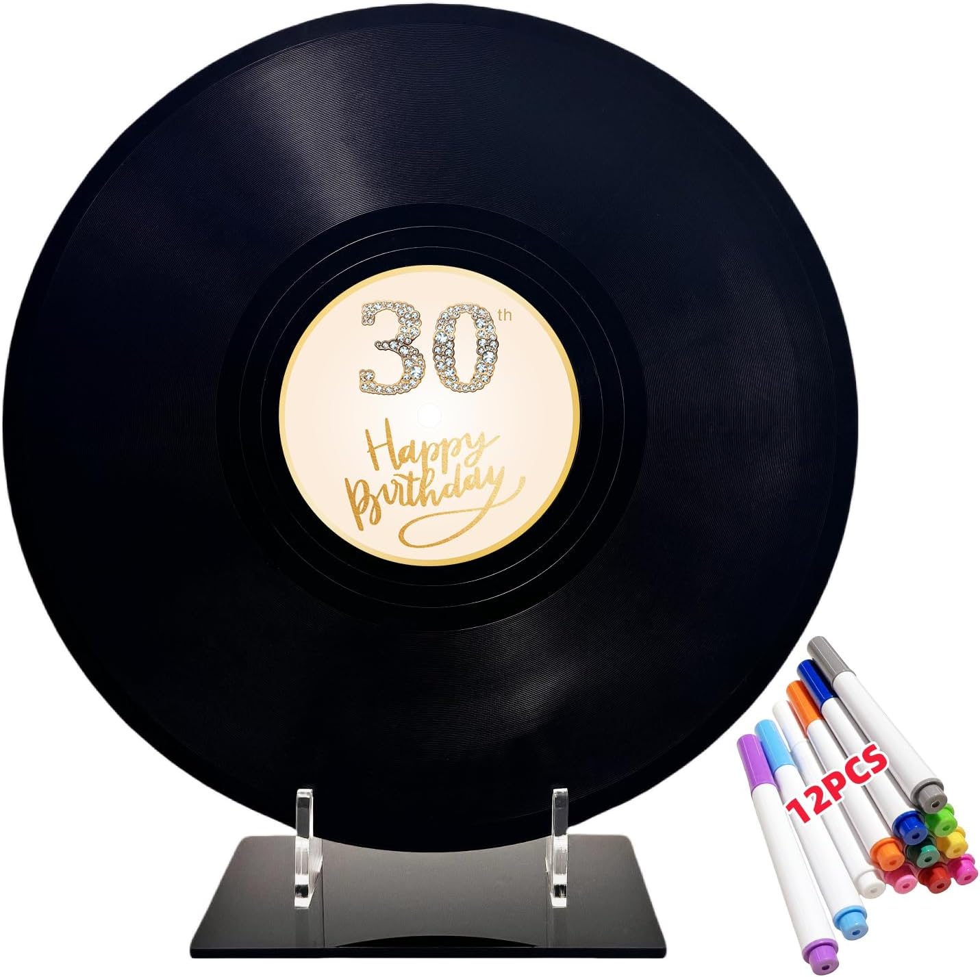 REEGII Vinyl Record Style Birthday Guest Book for Birthday Decorations - Large 11.6"x11.6" Sign-In Poster with 12 Pens | Unique Keepsake Gift for Birthday Party Decor (Happy Birthday, Golden, 11.6"L x 11.6"W)