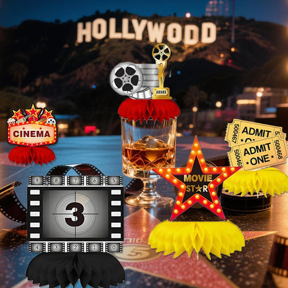 9Pcs Movie Night Party Honeycomb Centerpieces Decorations, 3D Movie Theme Birthday Table Topper, Hollywood Party Decor