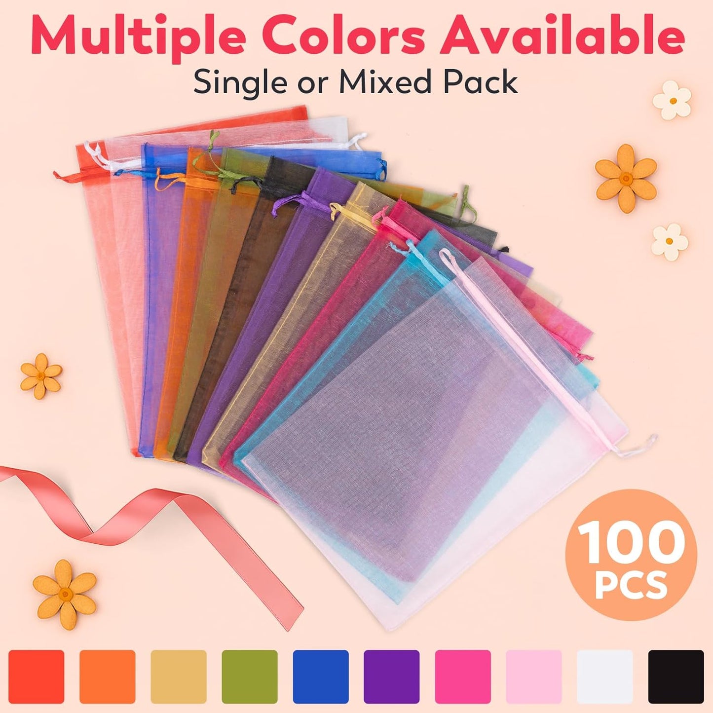 Crweety 50 Pcs Organza Bags 6x9 Inch White, Large Mesh Gift Bags Drawstring, Jewelry Pouches Treat Sachet Goodie Mesh Bag Drawstring for Wedding Party Favors Baby Shower & Mothers Day Gifts