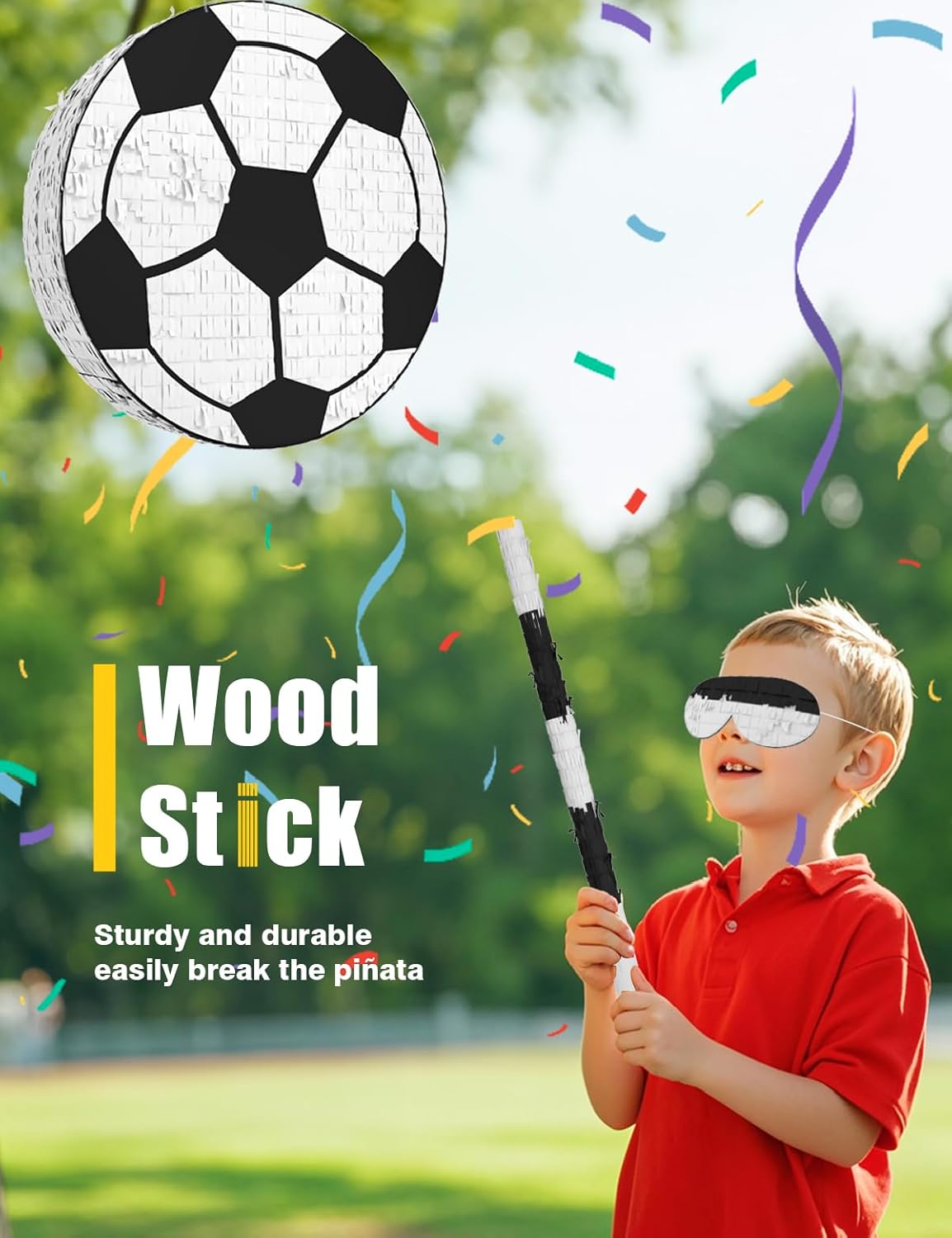 Soccer Piñata – Includes Wooden Stick, Blindfold, and Confetti – 13"x13"x3" – Perfect for Sports Party Decorations and Soccer Pinatas for Birthday Party