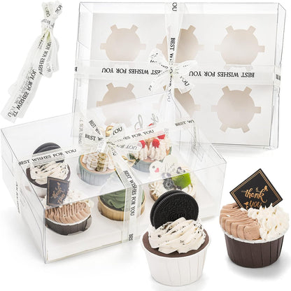 Cedilis 15 Pack Clear Cupcake Boxes, 6 Count Cupcake Containers with Gift Ribbon, Plastic Cupcake Carrier Holder for Treat Dessert Cookies Muffins Pastry Baby Shower Party