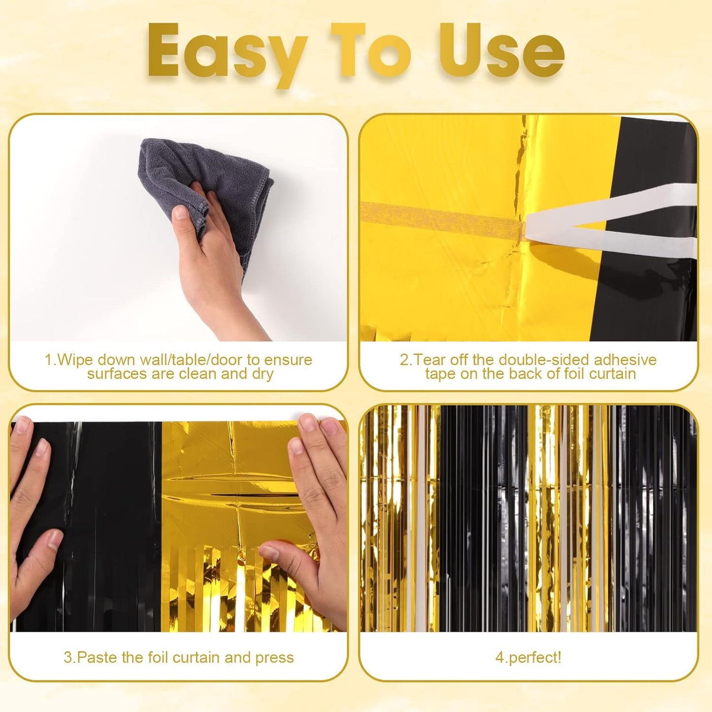 Voircoloria 3 Pack 3.3x8.2 Feet Gold Foil Fringe Backdrop Curtains, Tinsel Streamers, Fringe Backdrop for 2025 New Years Eve, Graduation, Birthday, Baby Shower, Gender Reveal, Disco Party - Colors A