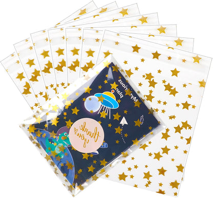 100 Pcs Star Printed 5"X 7" Gift Wrap Cello Cellophane Treat Bags Party Favor bags Clear Candy Cookie Bag Plastic Poly Goodie Storage Bag with Twist Ties for Bakery,Birthday, Wedding ,Party Decorations (Gold)