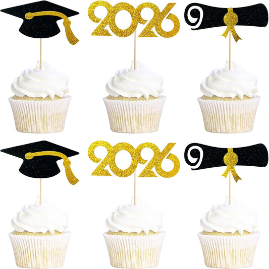 Pre-Assembled Graduation Cupcake Toppers 48 PCS, Class of 2026 Mini Cake Decorations Grad Cap & Diploma, Food & Appetizer Picks for Graduation Party