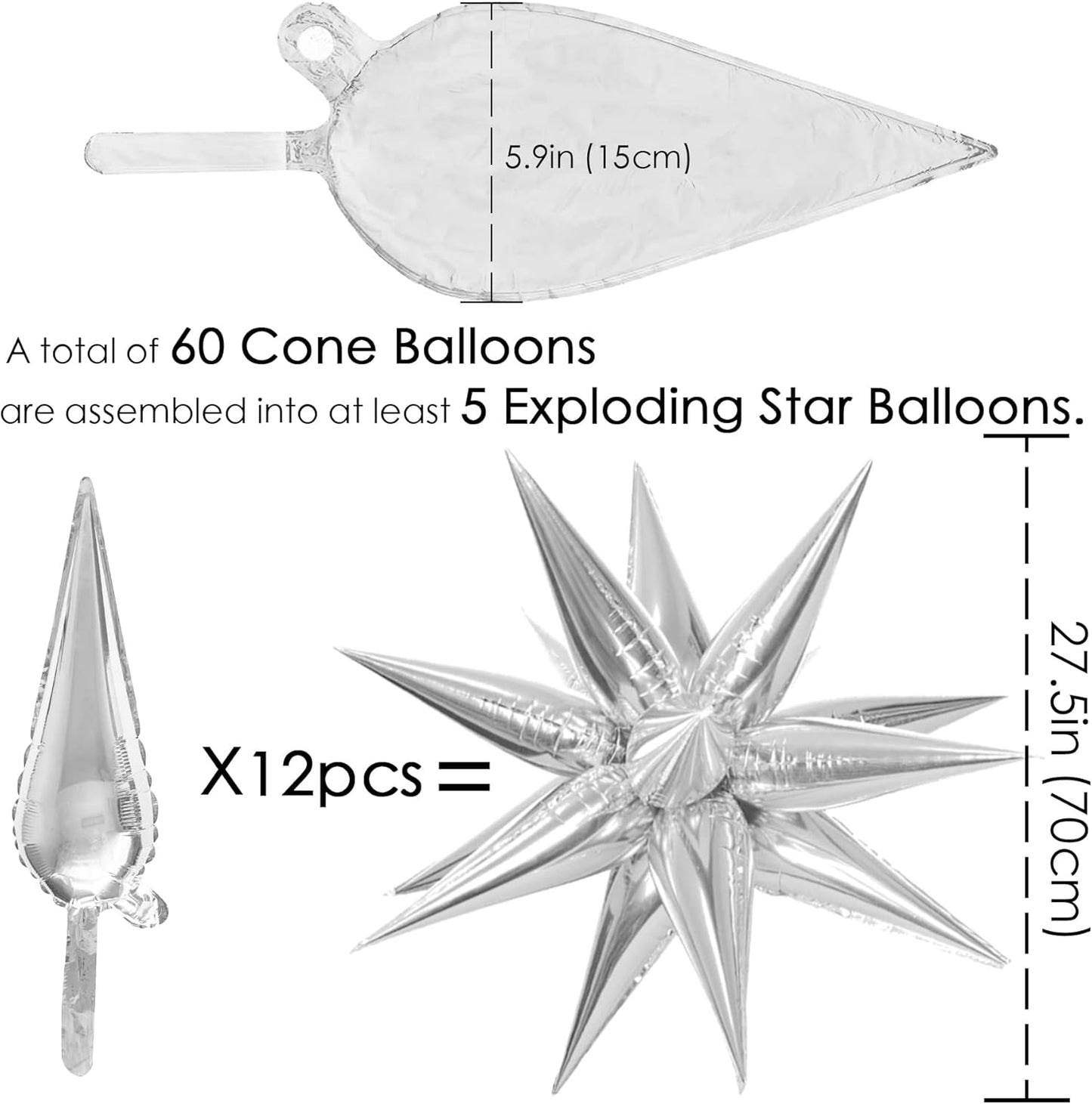 ZAKVOOR 60 Pcs Star Balloons 12 Spike Foil Explosion Party Decoration Balloons for Christmas New Year Eve Birthday (Silver)