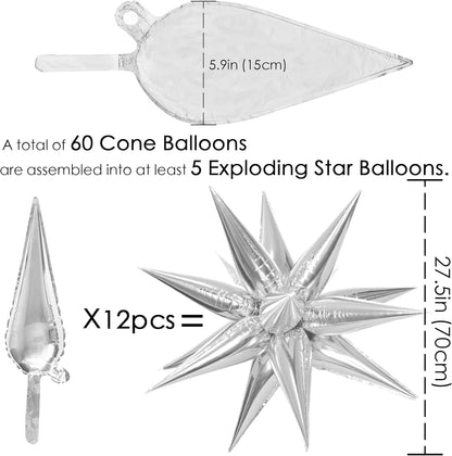 ZAKVOOR 60 Pcs Star Balloons 12 Spike Foil Explosion Party Decoration Balloons for Christmas New Year Eve Birthday (Silver)