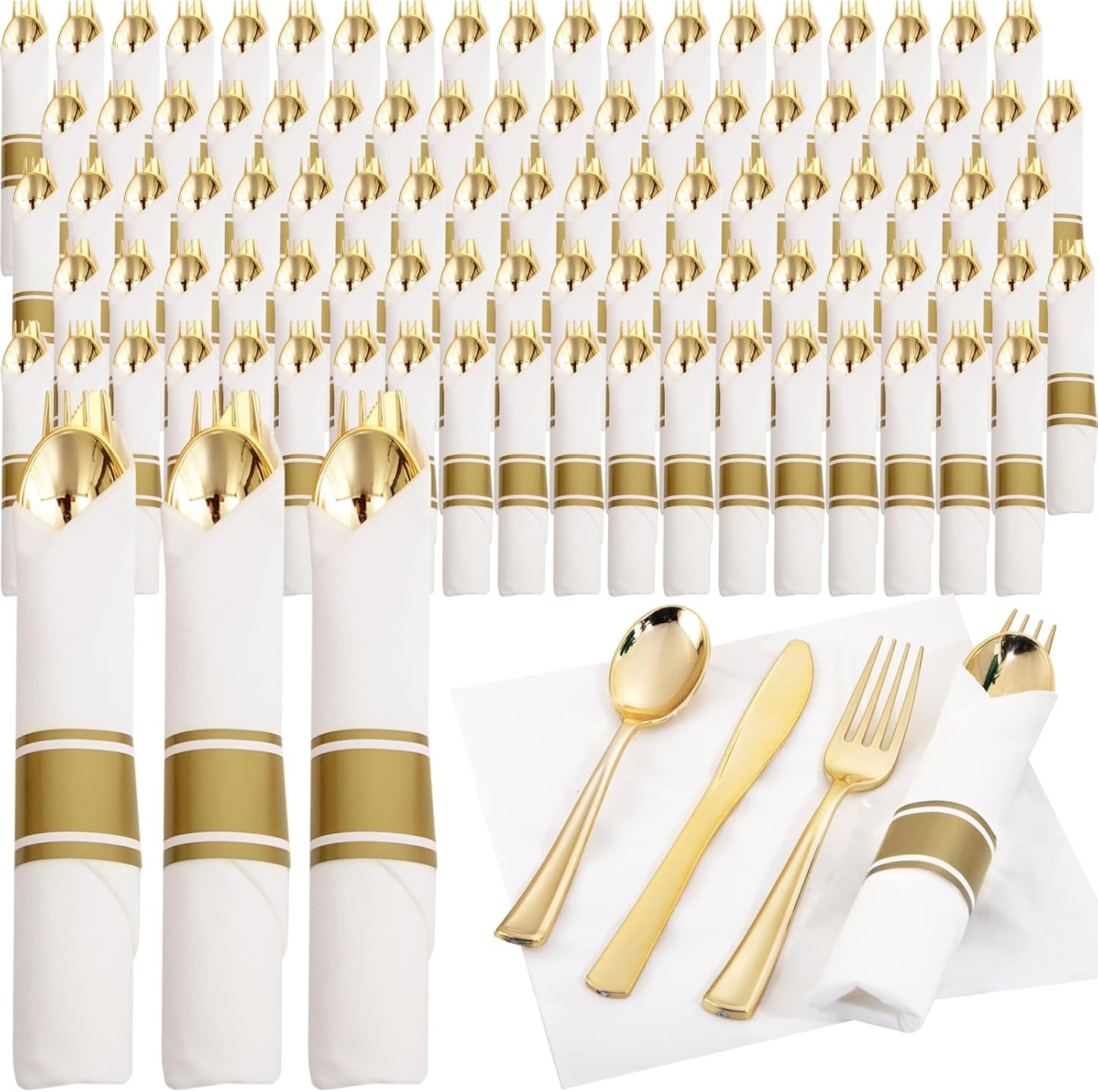 Supernal 240 Silver Plastic Silverware Set - 60 Sets Pre Rolled Napkins with Cutlery - Mirror Polished Real Look Disposable Silver Utensils- Elegant Heavy Duty Flatware for Weddings & Catering