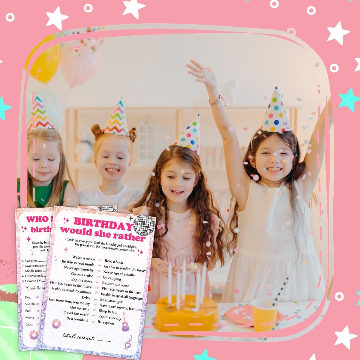 Birthday Party Cards for Girl, Birthday Games Card, Would She Rather Game Cards Set, Birthday Supplies Activity Decorations for Adult Girl, Set of 30 Game Cads