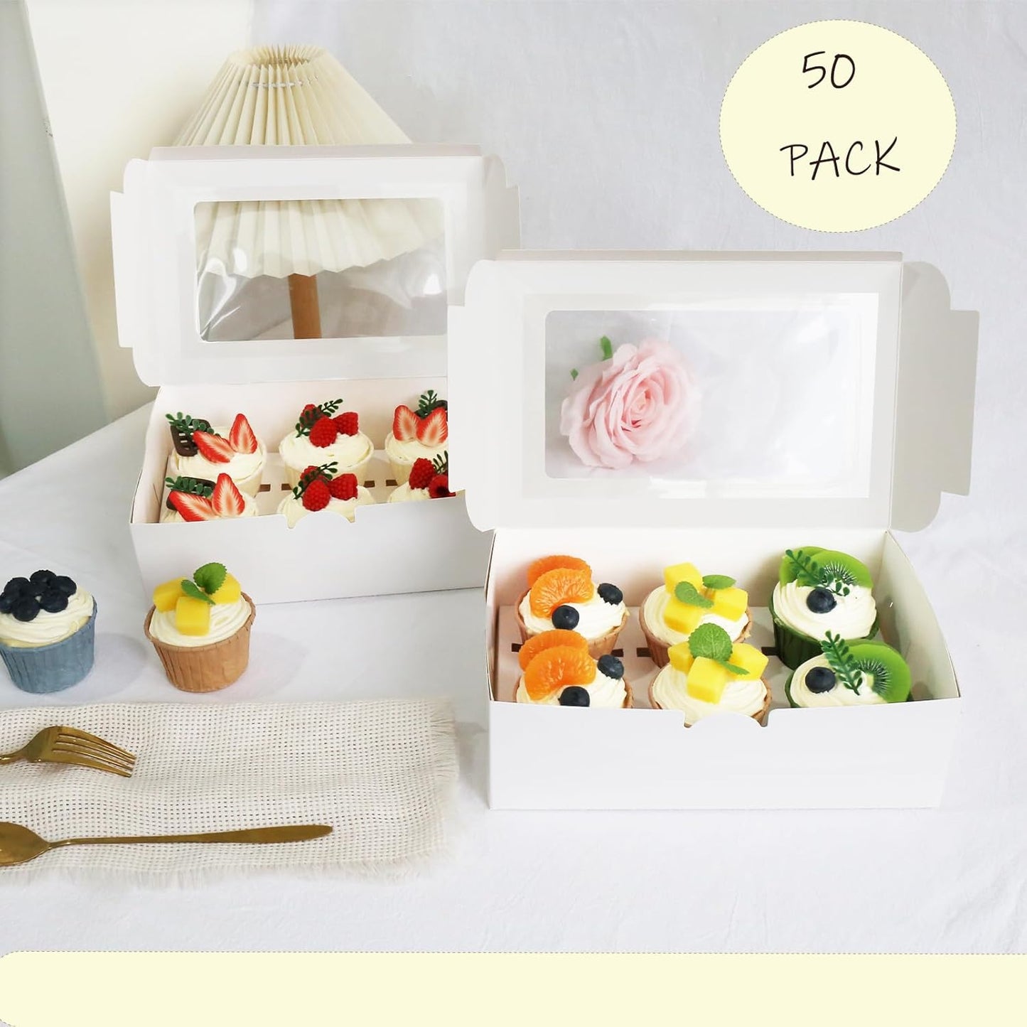 30 Pcs Cupcake Boxes with Clear Window, 9.4'' X6.3'' X3'', Food Grade Materials, Easy Assembly - Containers for Muffins, Cookies, Candies, and Bakeries