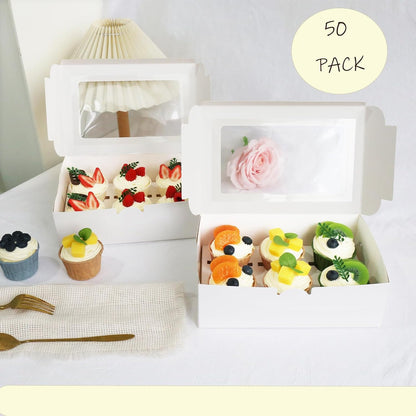 30 Pcs Cupcake Boxes with Clear Window, 9.4'' X6.3'' X3'', Food Grade Materials, Easy Assembly - Containers for Muffins, Cookies, Candies, and Bakeries