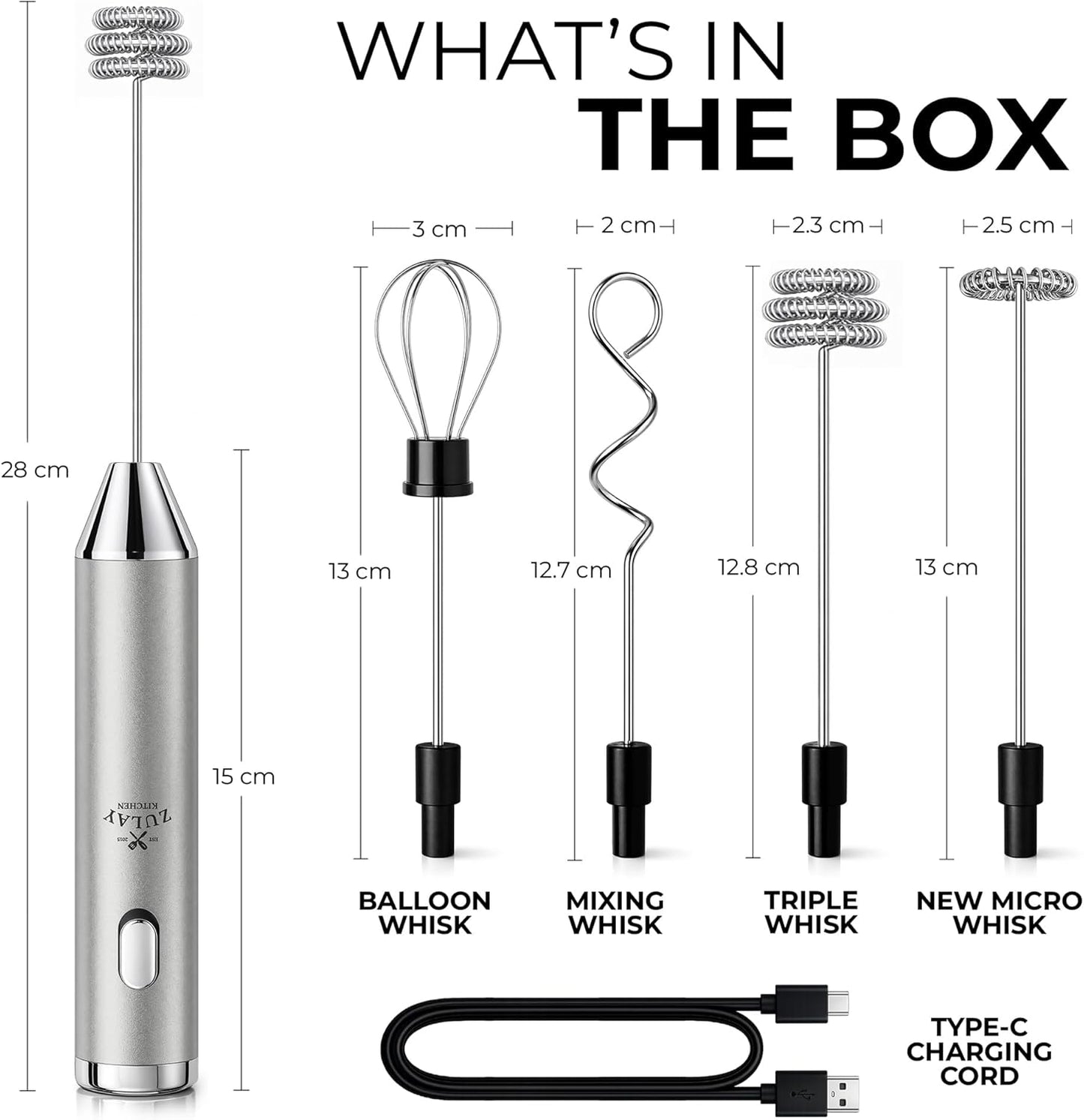 Zulay Kitchen Powerful Milk Frother Wand With Duracell Batteries - Ultra Fast Handheld Drink Mixer - Electric Whisk Foam Maker for Coffee, Lattes, Cappuccino & Matcha - Z1 Motor - Black - Colors D