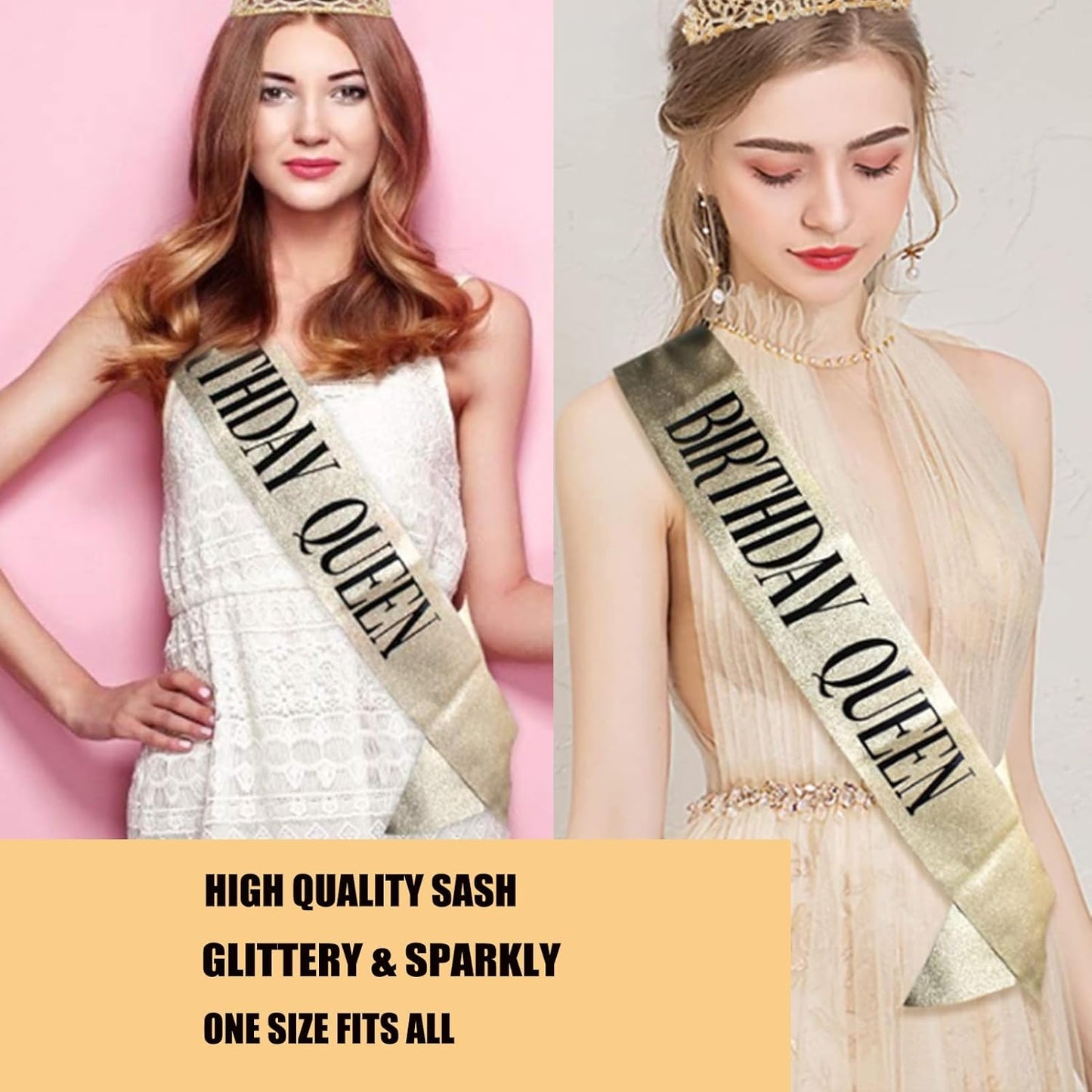 Gold Glitter Birthday Queen Sash for Women Girls, Happy Birthday Party Supplies and Decorations