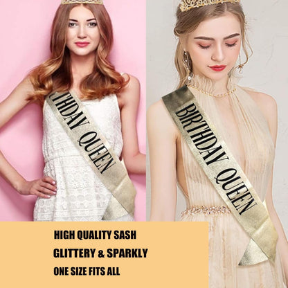 Gold Glitter Birthday Queen Sash for Women Girls, Happy Birthday Party Supplies and Decorations