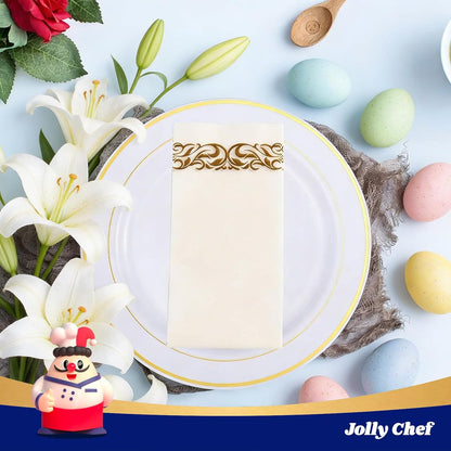 JOLLY CHEF 100 Disposable Hand Towels, Soft and Absorbent Linen Feel Dinner Napkin, Elegant Decorative Paper Guest Towels for Kitchen, Bathroom,Thanksgiving, Weddings,Parties, Gold and White