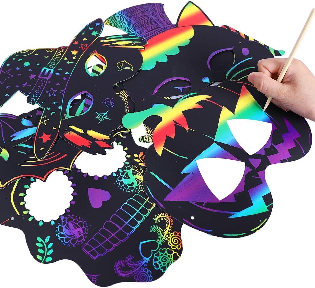 Max Fun 48PCS Halloween Crafts for Kids Kit, Rainbow Scratch Art and Crafts Mask, Birthday Cosplay Classroom Decoration, Magic Scratch Paper Halloween Party Favors Supplies Bat Witch Pumpkin Zombie