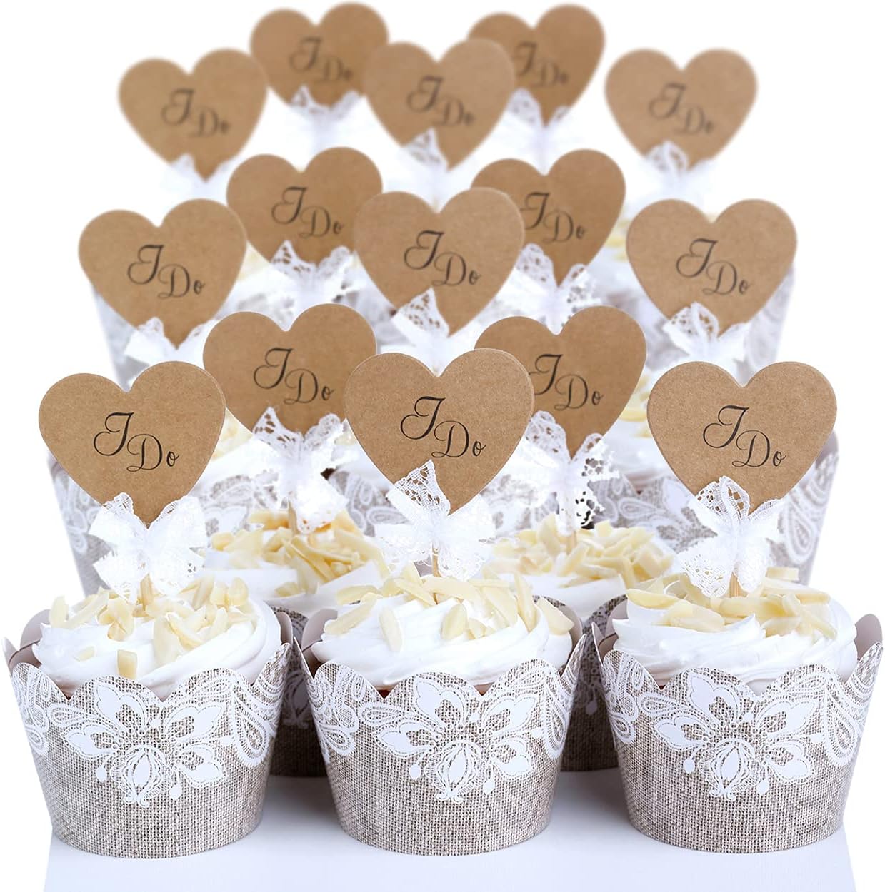 Burlap and Lace Cupcake Wrappers, 48 Count - Rustic Birch and Wood Grain Design, Burlap Cupcake Wrappers for Weddings and Parties by Pretty Cute Studios
