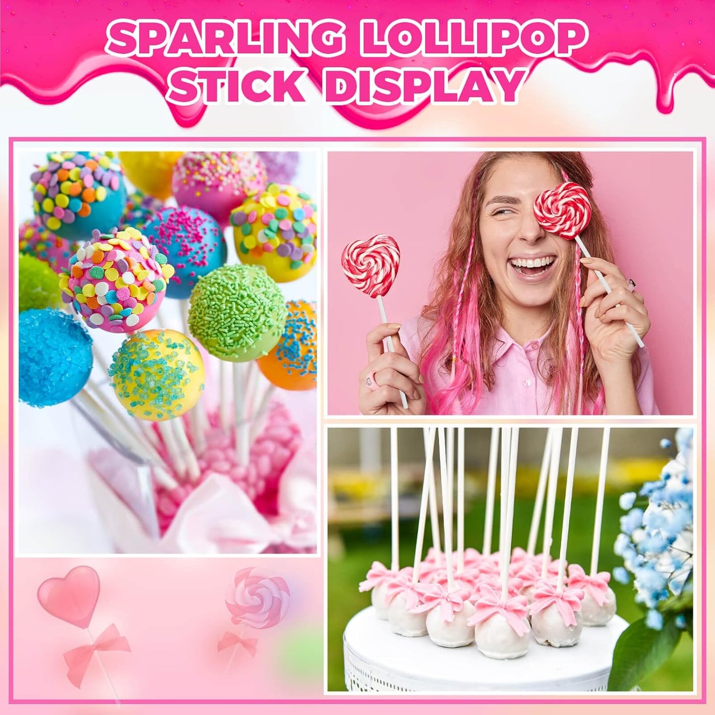 300Pcs Lollipop Sticks and Wrappers Kit, 100Pcs 6IN Cake Pop Stick, 100pcs Clear Candy Treat Bags Parcel, 100pcs Gold Twist Ties for Lollipops, Candies, Chocolates Cookies