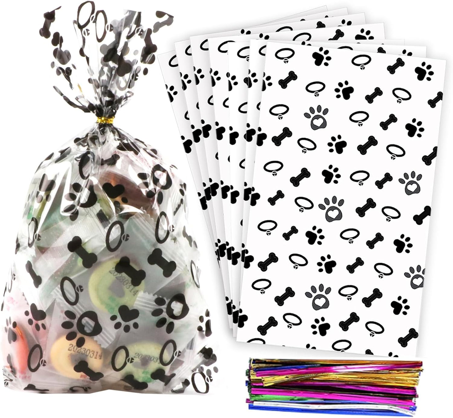 100 Pcs Star Printed 5"X 7" Gift Wrap Cello Cellophane Treat Bags Party Favor bags Clear Candy Cookie Bag Plastic Poly Goodie Storage Bag with Twist Ties for Bakery,Birthday, Wedding ,Party Decorations (Gold)