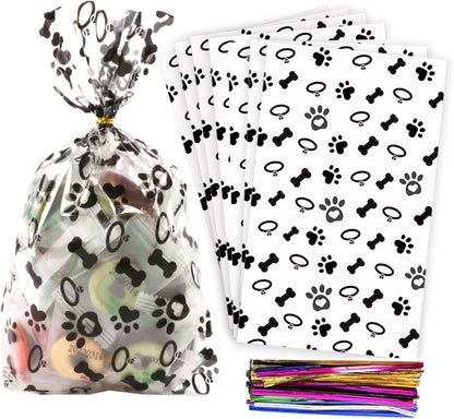 100 Pcs Star Printed 5"X 7" Gift Wrap Cello Cellophane Treat Bags Party Favor bags Clear Candy Cookie Bag Plastic Poly Goodie Storage Bag with Twist Ties for Bakery,Birthday, Wedding ,Party Decorations (Gold)