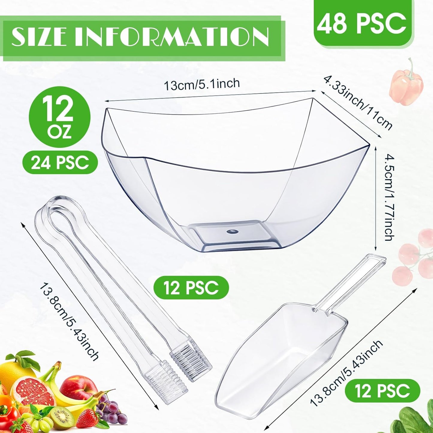 Vesici 48 Pcs 8 oz Clear Plastic Candy Bowls 24 Pcs with 12 Scoops and 12 Tongs Square Dessert Candy Bowl Buffet Containers Disposable Party Ice Cream Salad Dish for Serving Food Appetizers Supplies