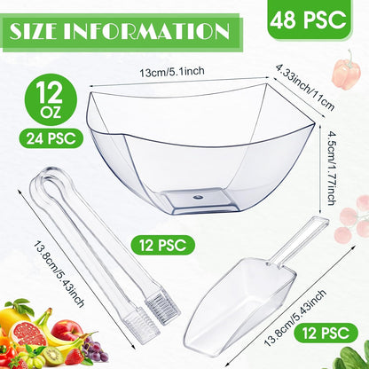Vesici 48 Pcs 8 oz Clear Plastic Candy Bowls 24 Pcs with 12 Scoops and 12 Tongs Square Dessert Candy Bowl Buffet Containers Disposable Party Ice Cream Salad Dish for Serving Food Appetizers Supplies