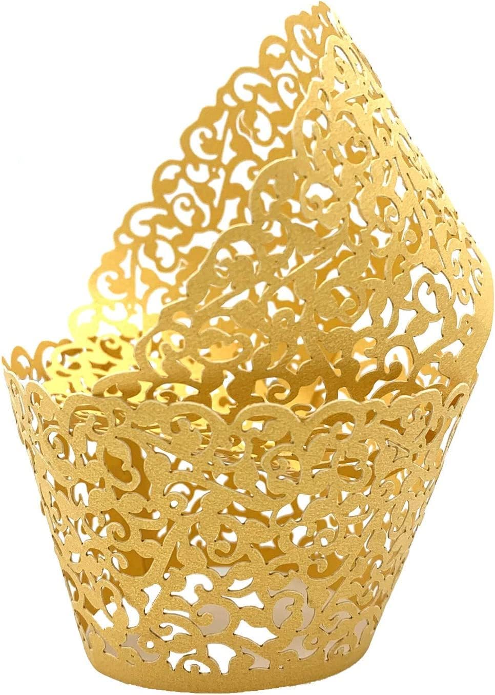 50 Pcs White Pearl Lace Laser Cut Filigree Wedding Cupcake Wrapper Baking Cake Cups Wraps Cupcake Muffin Case Trays for Special Occasions