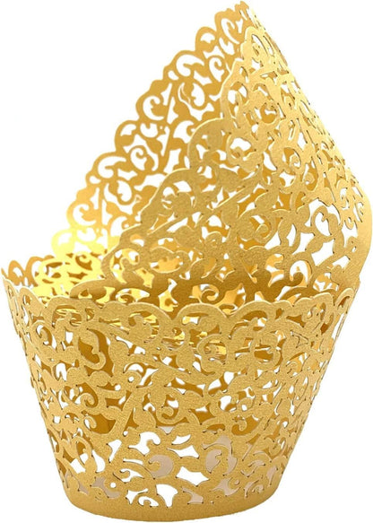 50 Pcs White Pearl Lace Laser Cut Filigree Wedding Cupcake Wrapper Baking Cake Cups Wraps Cupcake Muffin Case Trays for Special Occasions