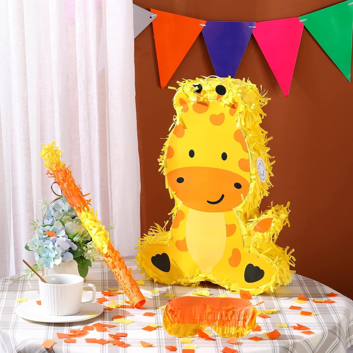 Sratte Piñata Bundle with a Blindfold and Bat (16 x 12 x 3 Inches), Cute Animal Piñata for Birthday Party Toys Decoration for Animal Theme Birthday Party Game Supplies Photo Prop(Giraffe)
